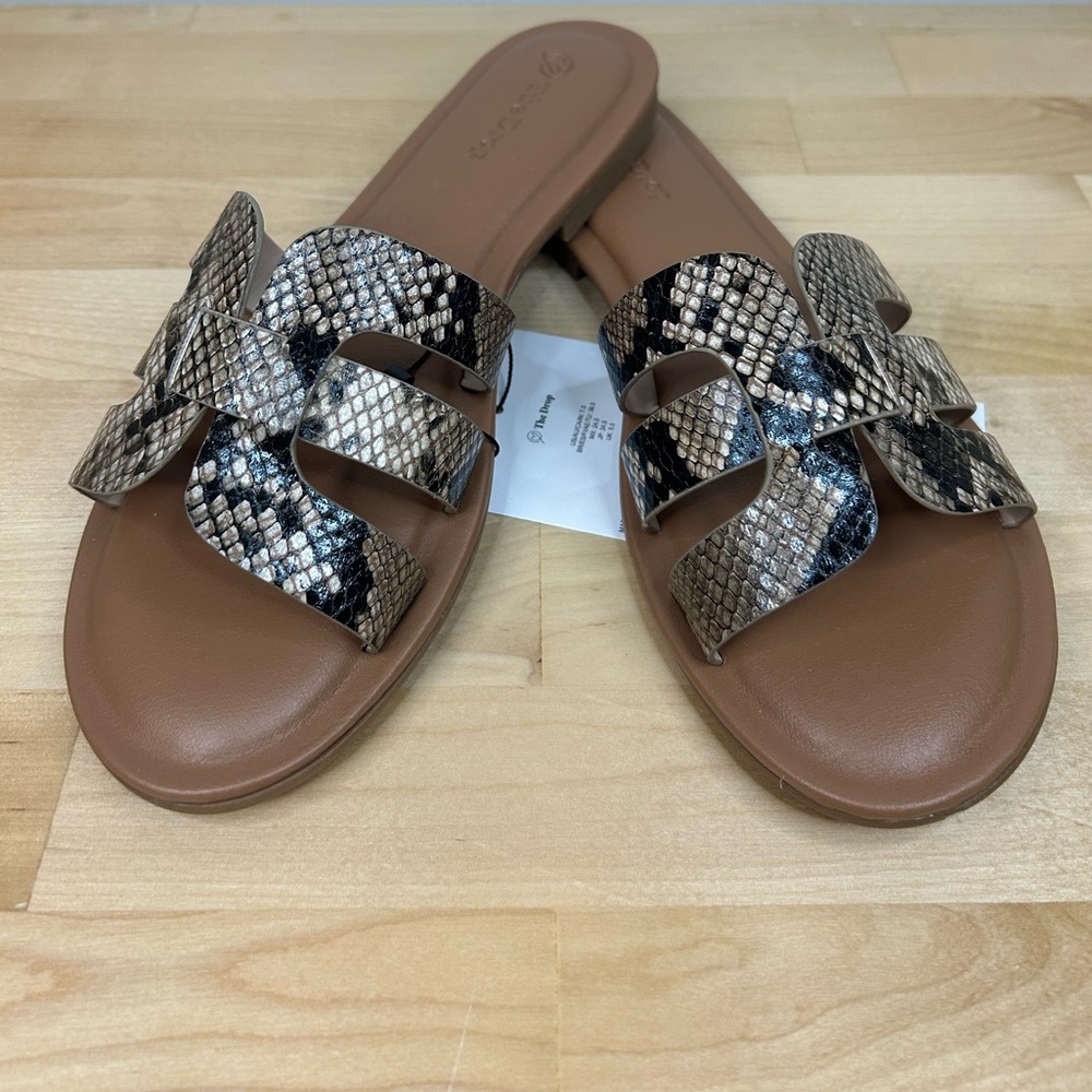 The Drop Snakeskin H Strap Slide Sandals Size 7.5 Brown Flat NWT
